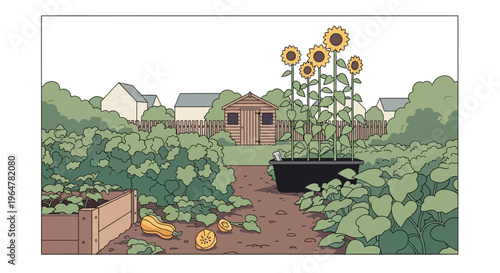 Lush allotment garden with sunflowers and vegetables in flat style