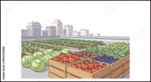 Urban rooftop garden with vegetables and fruits in wooden crates