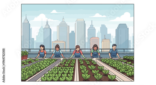 Community rooftop gardening enthusiasts tending to urban vegetable plots