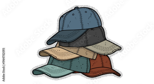 Stacked baseball caps in retro pop art style on white background