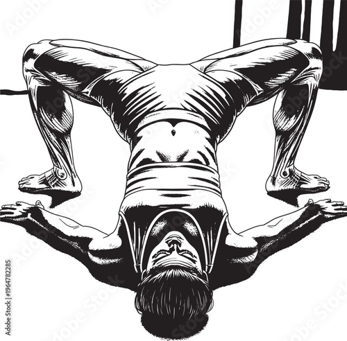 Man doing handstand with bent knees and head down, black and white illustration with bold lines featuring gymnastics, fitness, exercise with
