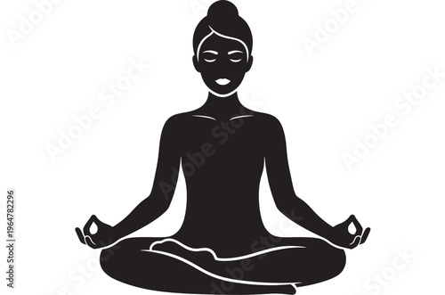 Woman meditating in lotus position with serene expression and hands in mudra gesture featuring yoga, peaceful, meditation with mindfulness and zen