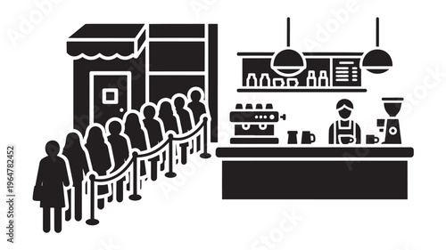Cafe black silhouette with people waiting in line outside and barista serving inside modern coffee shop