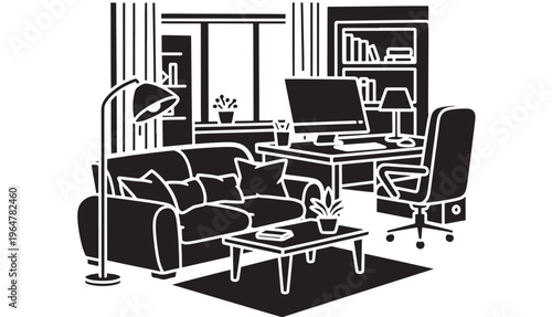 Furniture modern office with black and white color scheme and desk setup featuring chair, sofa, coffee table with lamp and rug elements for interior,