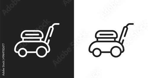 Lawn mower icon. Linear black, white icon from spring collection. Outline lawn mower vector. Thin line symbol isolated on white and black background
