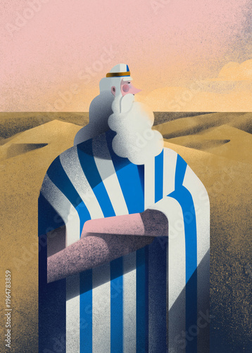 Wisdom and leadership of the biblical patriarch Abraham. Flat textured illustration of the ancient Torah prophet with crossed arms in a desert landscape for religious concepts.