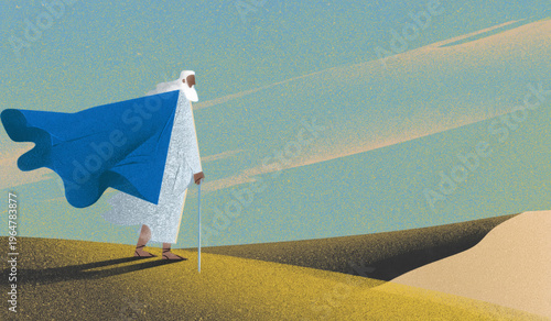 Abraham. Pilgrimage and faith of the biblical patriarch Abraham. Minimalist graphic illustration of the prophet walking through a vast desert landscape with a flowing blue cloak and staff.