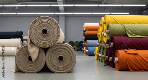 Rolls of colorful fabric stacked in a warehouse, illuminated by overhead lights