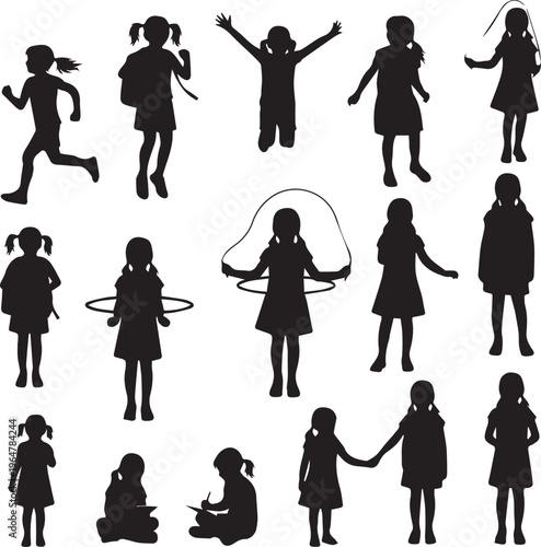 Collection of Active School Girl Silhouettes for Education and Play Concepts