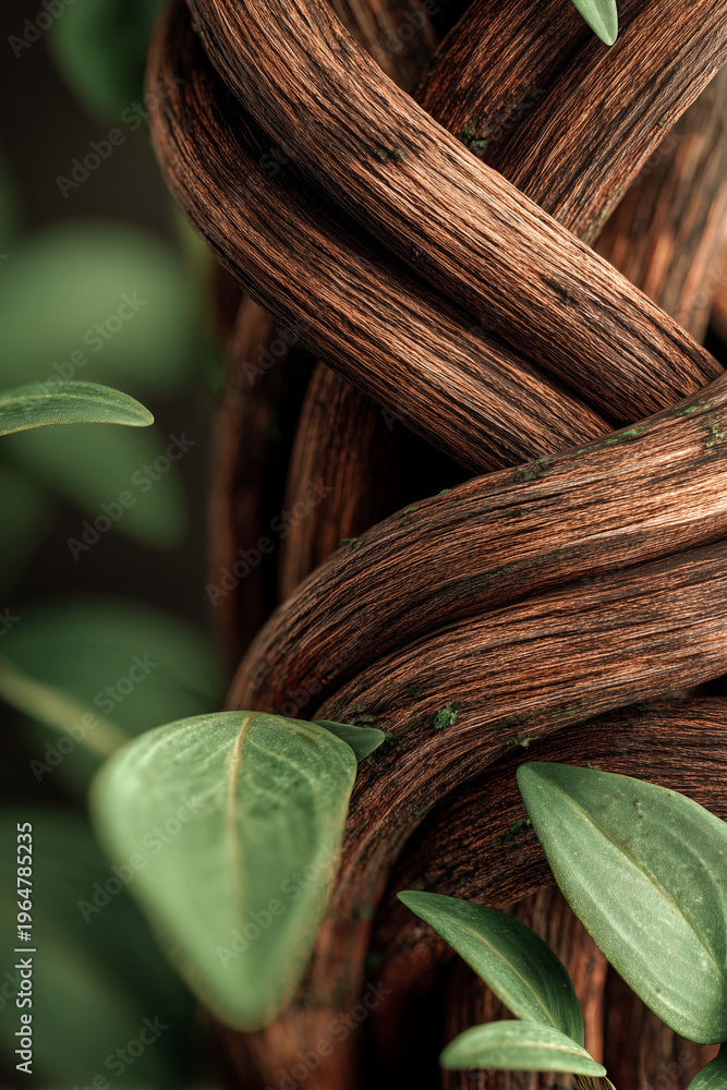 Obraz premium Close up macro of twisted brown tree branches intertwined with fresh green leaves. Detailed wood texture and natural growth pattern. Concept of strength, unity, and organic nature