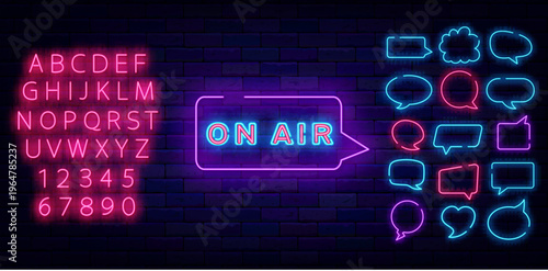 On air neon label. Think cloud frames collection. Record studio and radio. Live streaming. Shiny alphabet. Night club, show and podcast. Editing text. Vector stock illustration