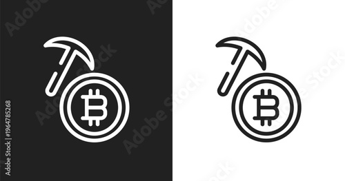 Bitcoin mining icon. Linear black, white icon from bitcoin collection. Outline bitcoin mining vector. Thin line symbol isolated on white and black background