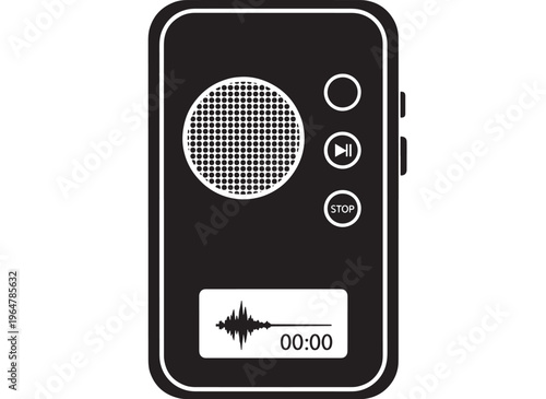 Recorder digital voice with microphone and play button, black and white icon design featuring illustration, vector, audio equipment with recording