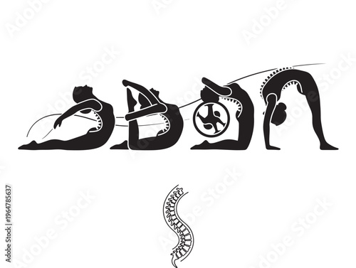 Yoga poses illustration with various black silhouettes and serpent design featuring snake, fitness, wellness with exercise and flexibility elements