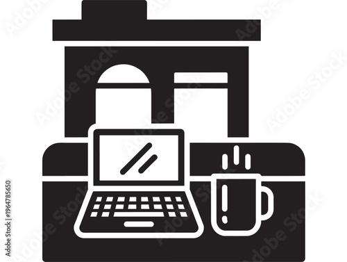 Laptop computer icon with coffee cup and office background, simple black and white illustration featuring desk, workspace, technology with digital