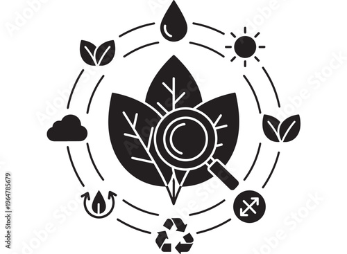Leaf eco symbol with magnifying glass and circular arrows around it, surrounded by environmental icons in black.