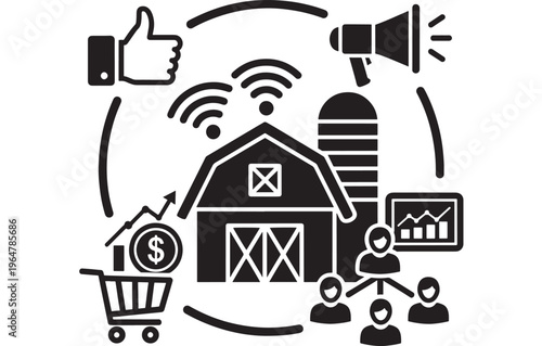 Barn farm icon with wireless internet connectivity and e-commerce elements featuring agriculture, online shopping, digital marketing with social