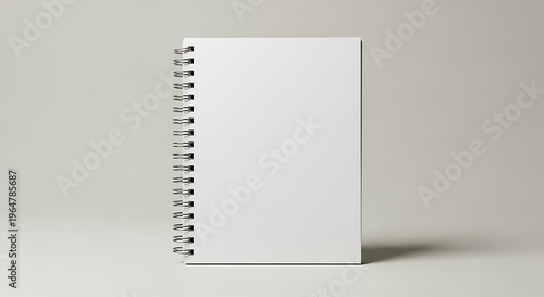 Blank white spiral bound notebook standing upright on a light gray surface stationery
