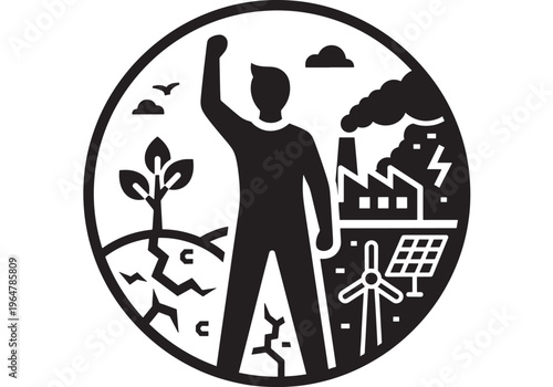 Man silhouette standing strong with fist raised in protest against environmental pollution and climate change with industrial factory and renewable