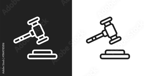 Gavel icon. Linear black, white icon from law & justice collection. Outline gavel vector. Thin line symbol isolated on white and black background
