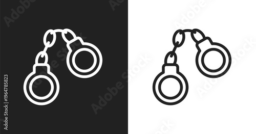 Handcuffs icon. Linear black, white icon from law & justice collection. Outline handcuffs vector. Thin line symbol isolated on white and black background