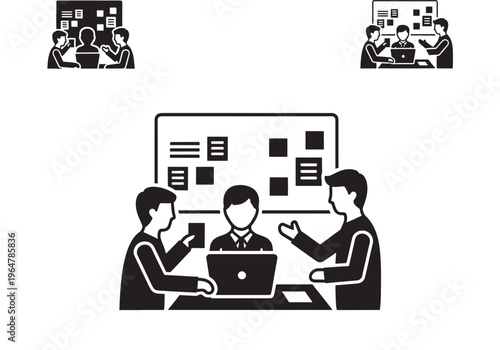 People sitting at a table with laptop and discussing work in a meeting room featuring discussion, computer, teamwork with collaboration and business