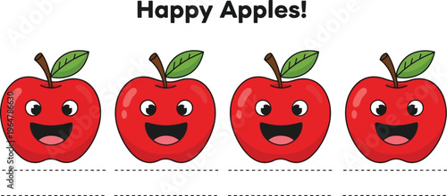 Four cute cartoon apples with smiling faces and green leaves on white background