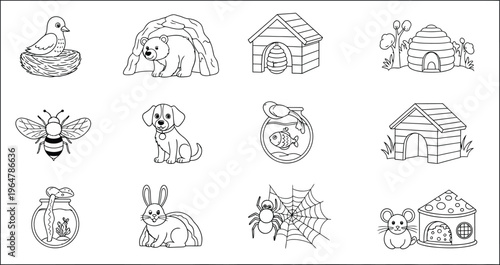 Line drawn animals and insects and pets and houses and huts and beehives and nests and jar  various wildlife and pets