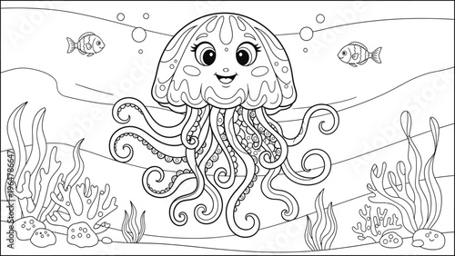 Smiling jellyfish with tentacles and fish swimming in ocean with seaweed and coral reef  underwater scene