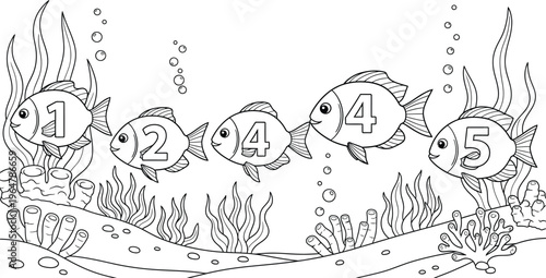 Underwater scene with fish and seaweed and bubbles isolated on white background