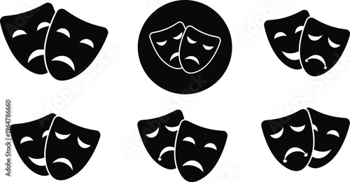 Theatrical comedy and tragedy mask silhouettes. Masks of Melpomene and Thalia. Happy (comedy) mask and a sad (tragedy) mask.