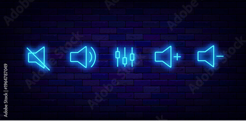 Music and video player buttons collection. Volume signs. Loud and quiet. Neon symbols for mobile app. Streaming service. Editing text. Vector stock illustration
