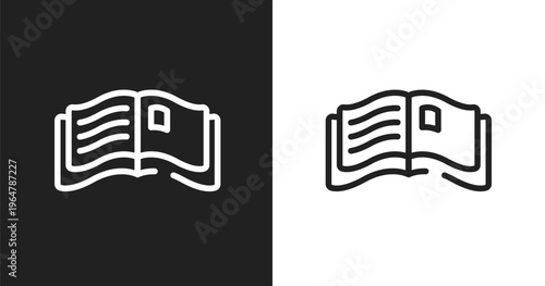 Open magazine icon. Linear black, white icon from communication and media collection. Outline open magazine vector. Thin line symbol isolated on white and black background