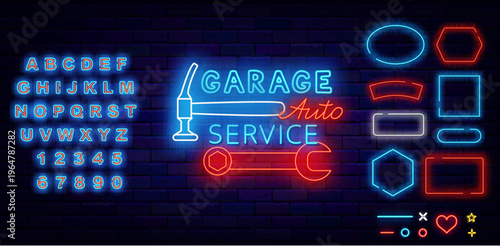 Garage auto service neon label. Car service. Adjustable wrench. Shiny blue alphabet. Motor car repair. Geometric frames collection. Editing text. Vector stock illustration