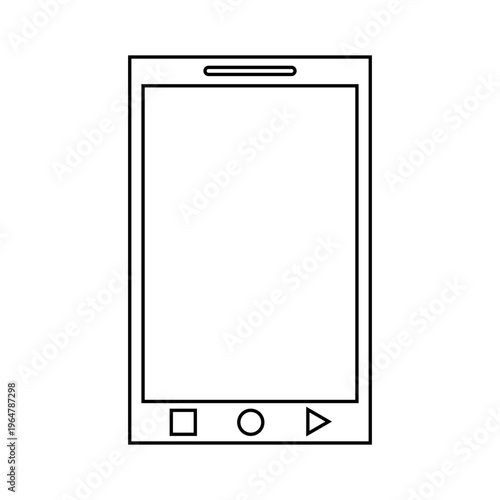 Outline drawing of a vertical smartphone with a blank screen and three navigation icons vector design on  white background