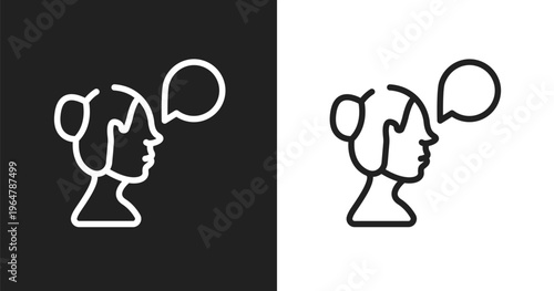 Woman talking icon. Linear black, white icon from talking collection. Outline woman talking vector. Thin line symbol isolated on white and black background