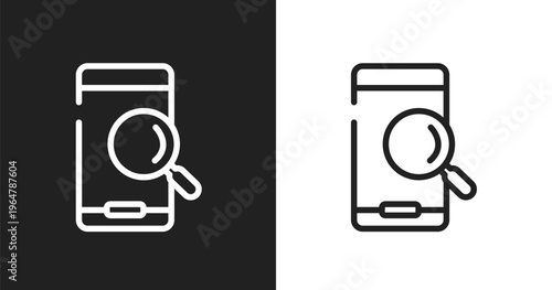 Searching by phone icon. Linear black, white icon from mobile analytics collection. Outline searching by phone vector. Thin line symbol isolated on white and black background