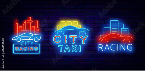 City taxi service neon labels set. Auto club. Urban labdscape. City Racing. Order and delivery. Glowing banner. Editable stroke. Vector stock illustration