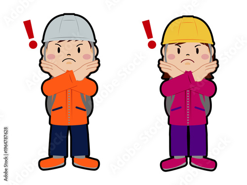 災害時の避難誘導や立入禁止エリアを警告するヘルメット姿の男女イラスト