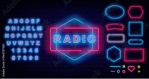 Radio neon label. On air. Abstract Frame. Online streaming. Event design on brick wall. Geometric frames collection. Shiny blue alphabet. Glowing banner. Vector stock illustration