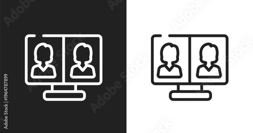 Video conference icon. Linear black, white icon from discussion collection. Outline video conference vector. Thin line symbol isolated on white and black background