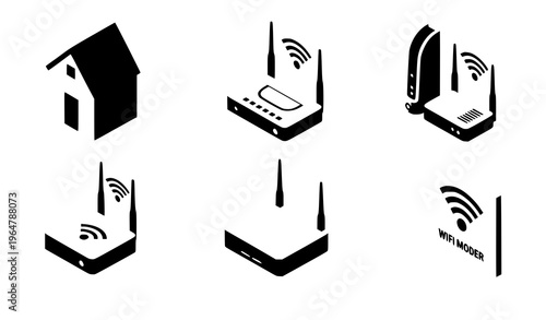 Internet modem WiFi router isometric technology vector set
