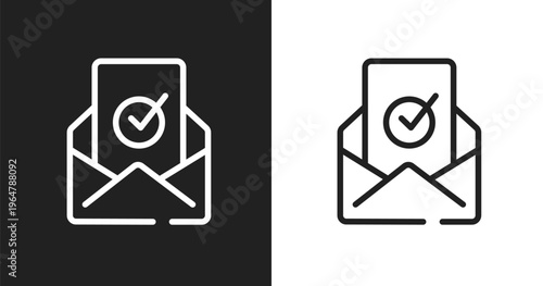 Verified icon. Linear black, white icon from email collection. Outline verified vector. Thin line symbol isolated on white and black background