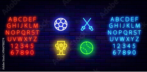 Sports neon icons collection. Fencing swords. Football and tennis. Winner cup. Light blue and red alphabet. Shiny greeting card. Bright banner. Vector stock illustration