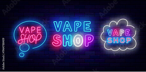 Vape shop neon labels collection. Smoke market badges. Marketing advertising. Cloud frame. Bright advertisings set. Editable stroke. Vector stock illustration