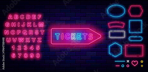 Tickets pointer neon sign on brick wall. Stage performance. Movie concert. Shiny pink alphabet. Geometric frames set. Luminous advertising. Vector stock illustration