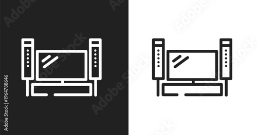 Home theater icon. Linear black, white icon from television collection. Outline home theater vector. Thin line symbol isolated on white and black background