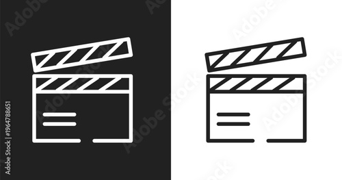 Clapboard icon. Linear black, white icon from television collection. Outline clapboard vector. Thin line symbol isolated on white and black background