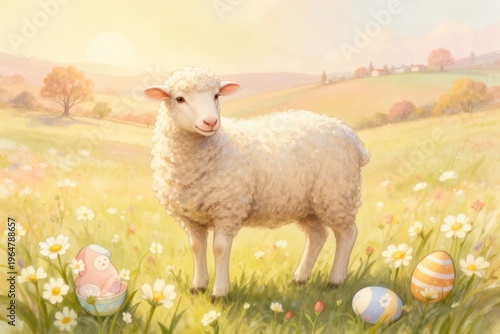 Pastoral scene with lamb in spring meadow by decorated eggs