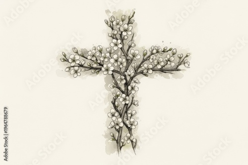 Cross made of delicate white flowers on neutral background